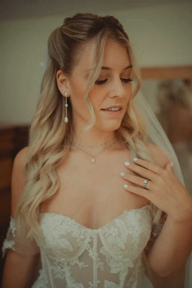 Portrait of a young bride, at Gwesty'r Emlyn Hotel in Newcastle, Wales