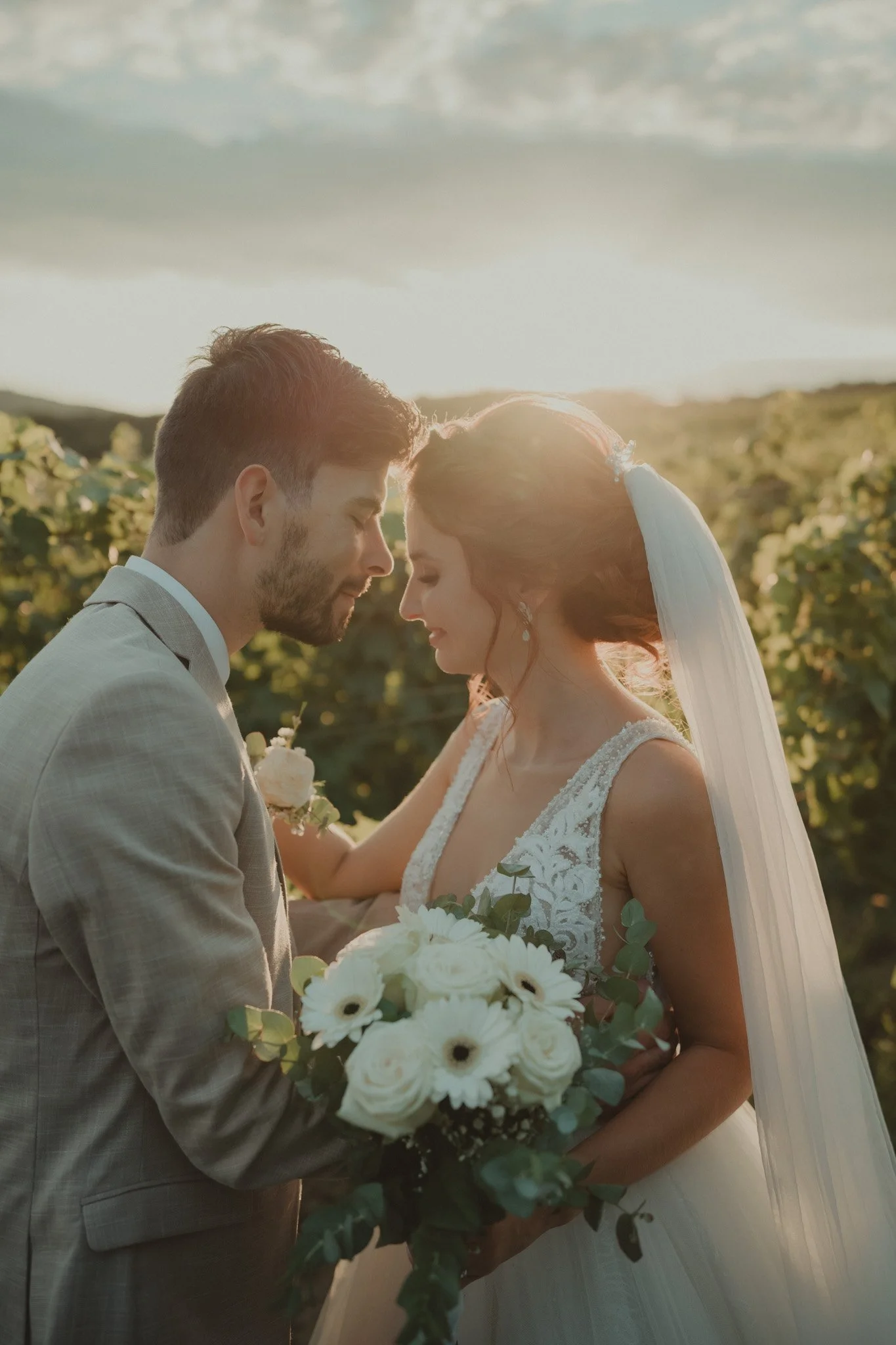 Bride and groom portrait while the sun sets in the wineyard