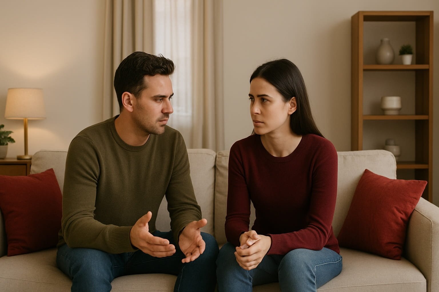 A man and woman sitting on a sofa having a serious conversation indoors.