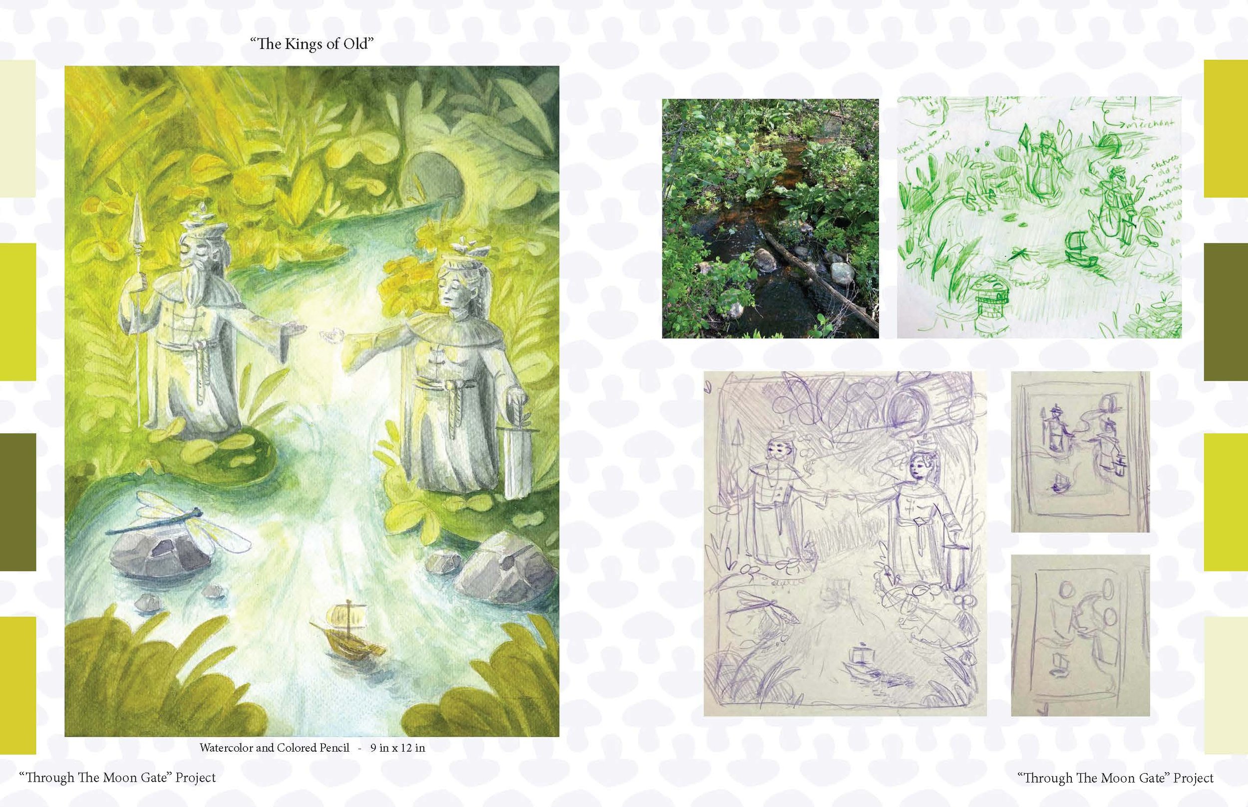 The piece on the left is made with watercolors only and inspired by a stream I found on my walk through the woods (view process work on the right). This illustration depicts the entrance to the micro fantasy world of Dikarya.