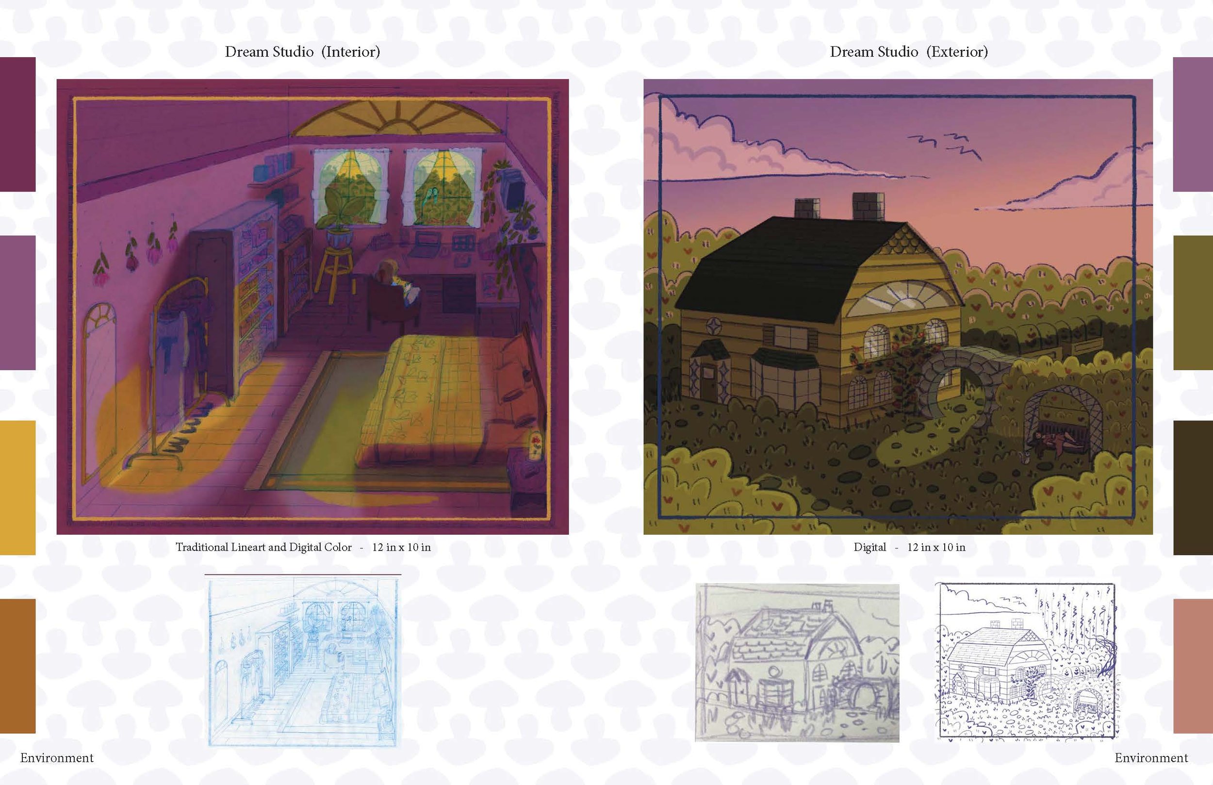These pieces are the interior and exterior of my dream studio and were used to explore perspective and technical illustration. The piece on the left was colored digitally over a traditional pencil drawing, and the right was done fully digitally.