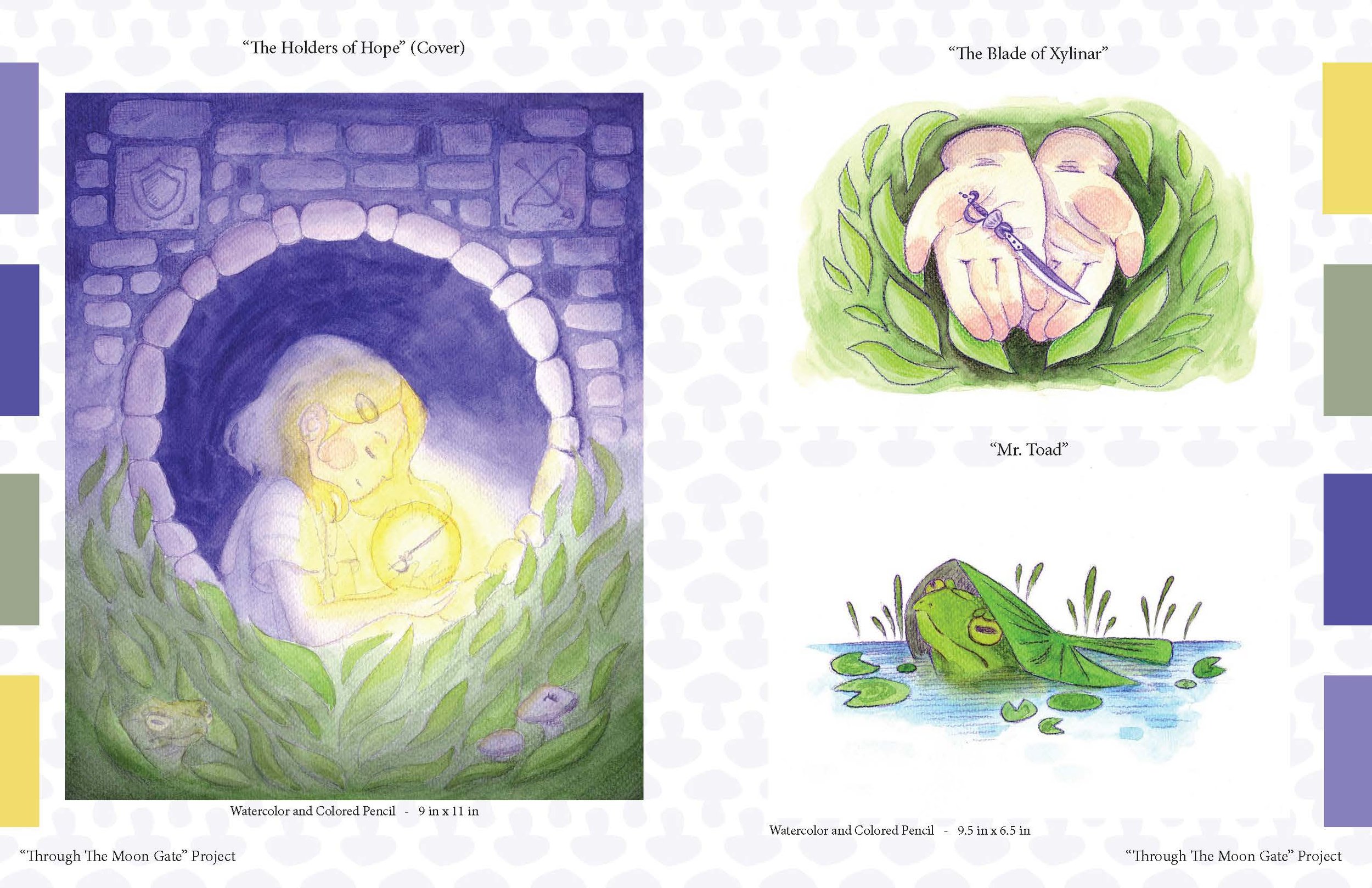Pages 1-12 are from my personal children's book project called "Through the Moon Gate. The piece on the left is a book cover made with watercolor and colored pencils on cold press paper. The two pieces on the right are spot illustrations using the sa