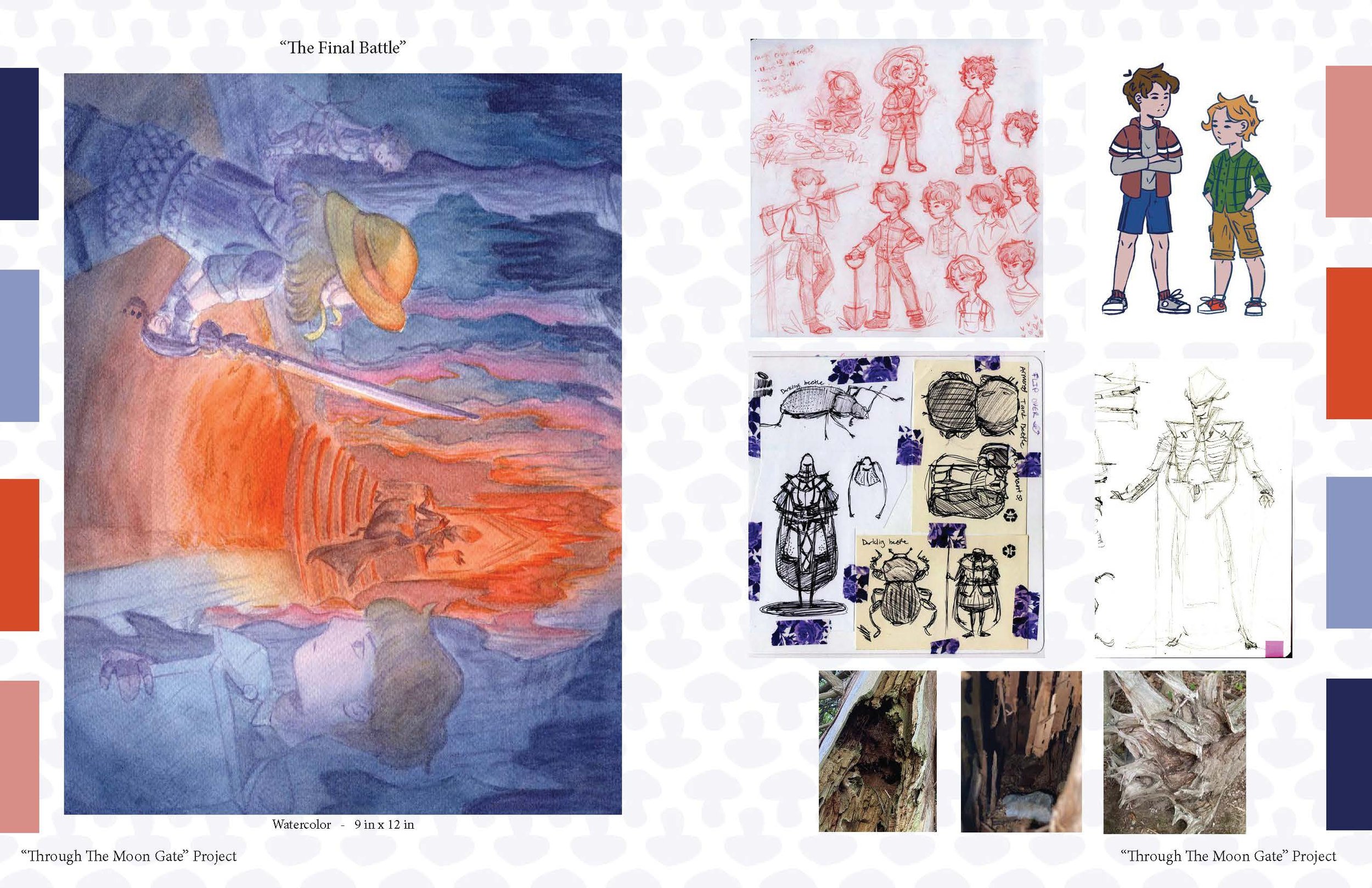 The piece on the left is made with watercolors and depicts a moment during the story's climax where the main character and her two brothers face the evil beetle king. View the process work on the right to see character design sketches and photographs