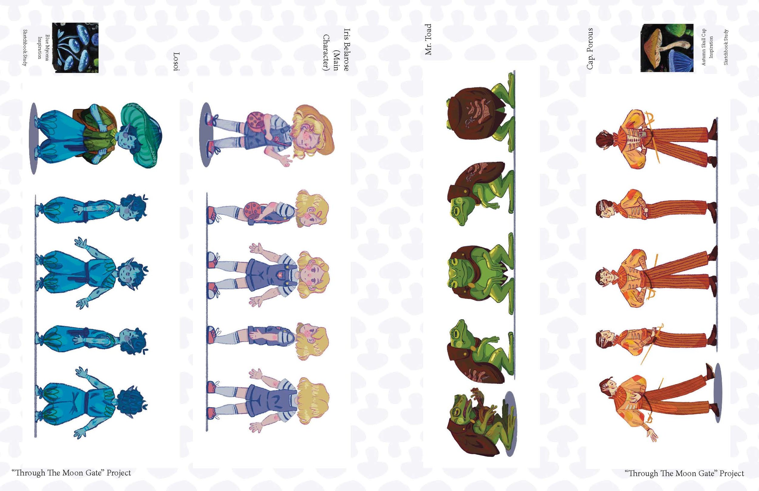 These are character designs done digitally that show four main characters of the story. From left to right: Losoi (inspired by the Blue Mycena mushroom), Iris (female human main character, age 12), Mr. Toad (the Windbearer), and Captain Porous (inspi
