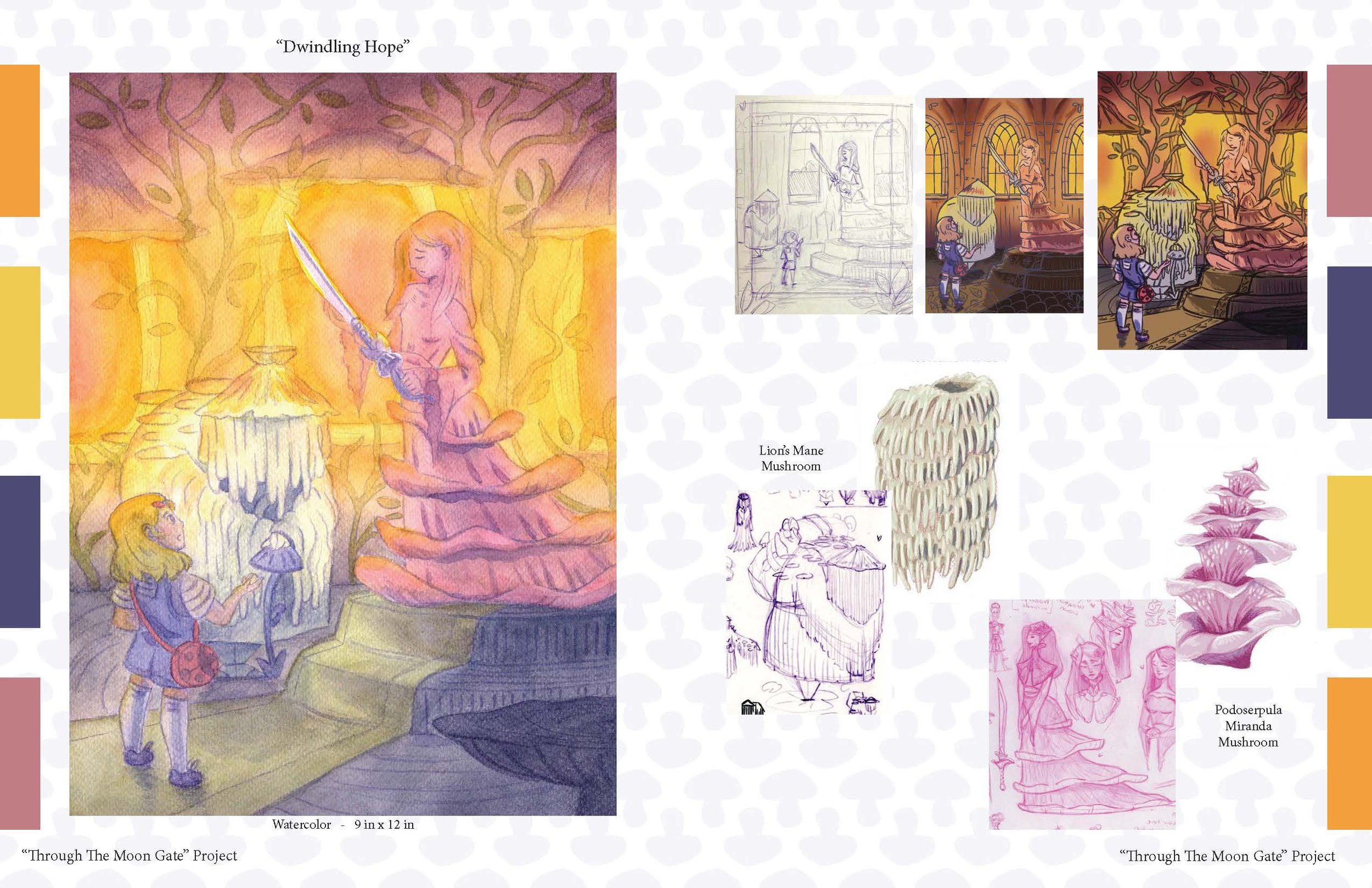 The piece on the left is made with watercolors and depicts a moment of rising action where the main character meets the mushroom people (view process work) of Dikarya, only to find out that the key to their hope may not be enough to win their war.