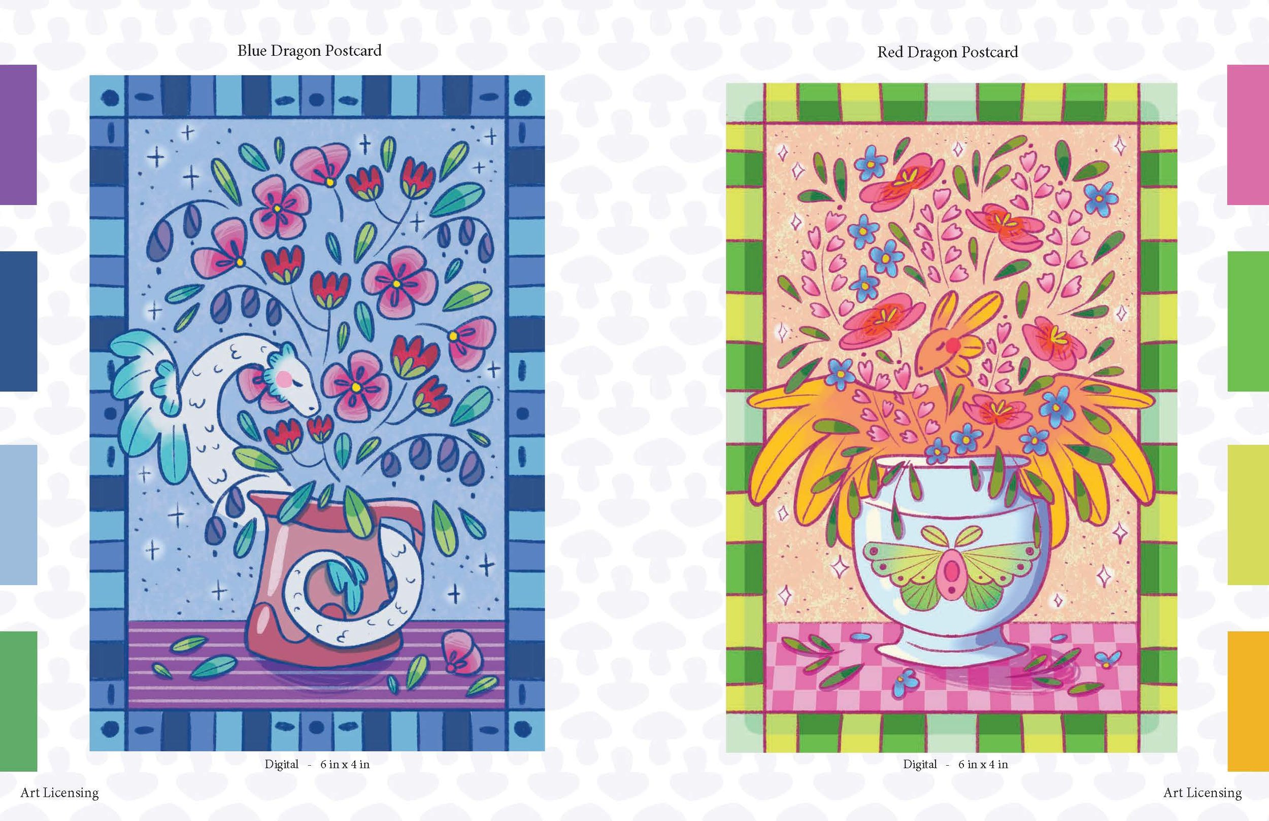 These flower dragon postcards were done fully digitally and used to explore floral patterns and licensing.