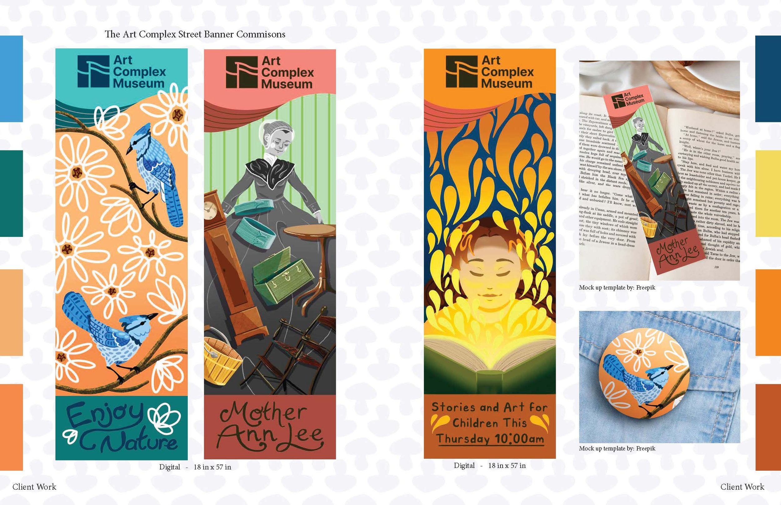 These banners were for the Art Complex Museum in Duxbury to showcase their art collections and events. These banners were also done fully digitally and further explored through mockups.