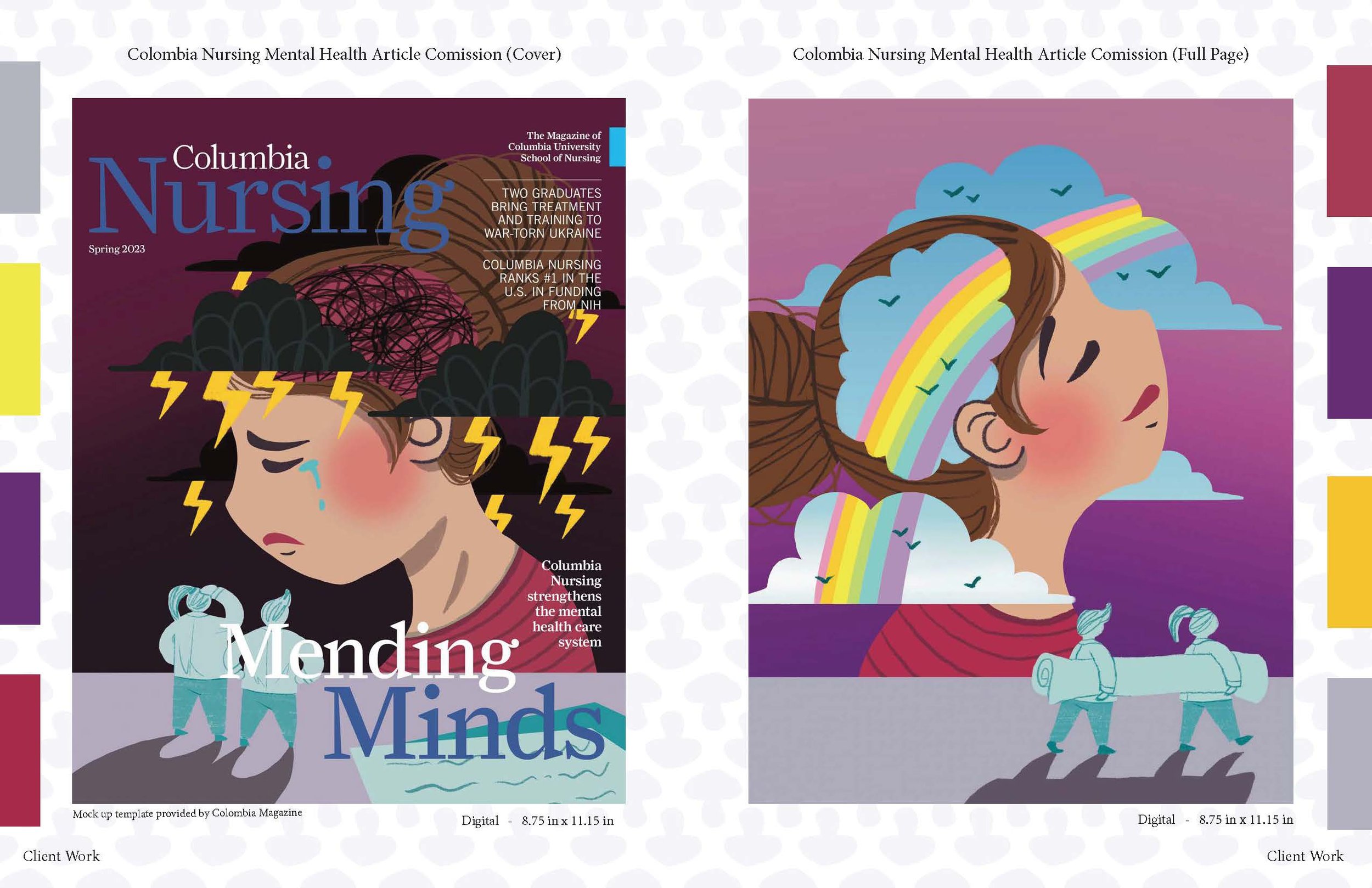 These pieces were potential pieces for a Colombia Magazine article about mental health. The piece on the left was for a cover, and the piece on the right was for a full-page illustration to accompany the article. Both were done fully digitally.