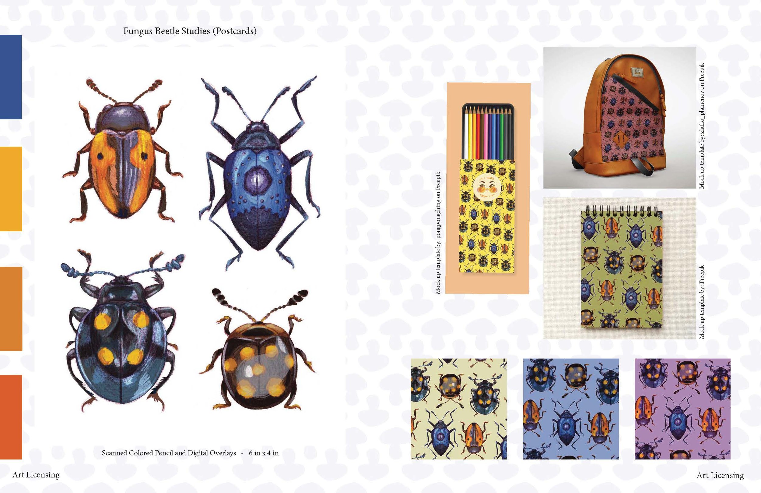 The pieces on the left are beetle studies done digitally over a traditional colored pencil sketch. These beetles were used to play with patterns and licensing ideas.