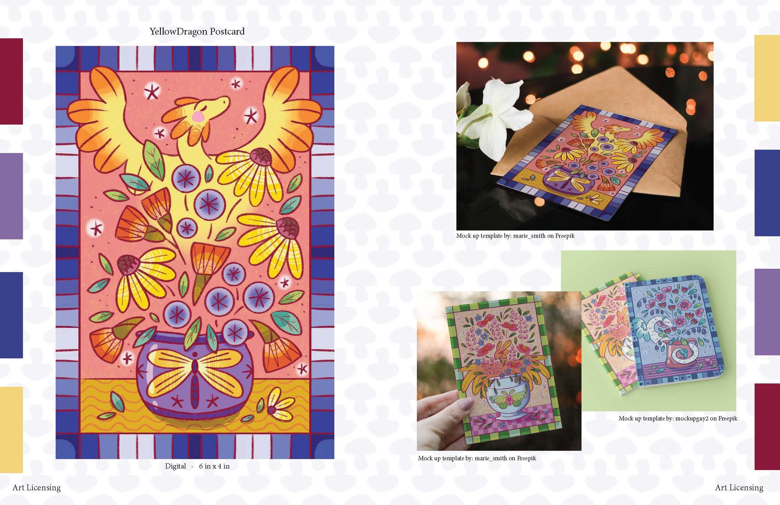 This flower dragon postcard was done fully digitally and used to explore floral patterns and licensing.