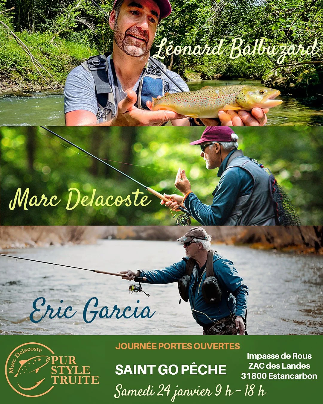 Bonjour &agrave; toutes et tous ! Marc Delacoste et son &eacute;quipe Pur Style Truite 🎣🤟 , @leonard_balbuzard  et &Eacute;ric Garcia, seront pr&eacute;sents pour rappel demain samedi 24 janvier au magasin @saintgopeche  pour une journ&eacute;e por