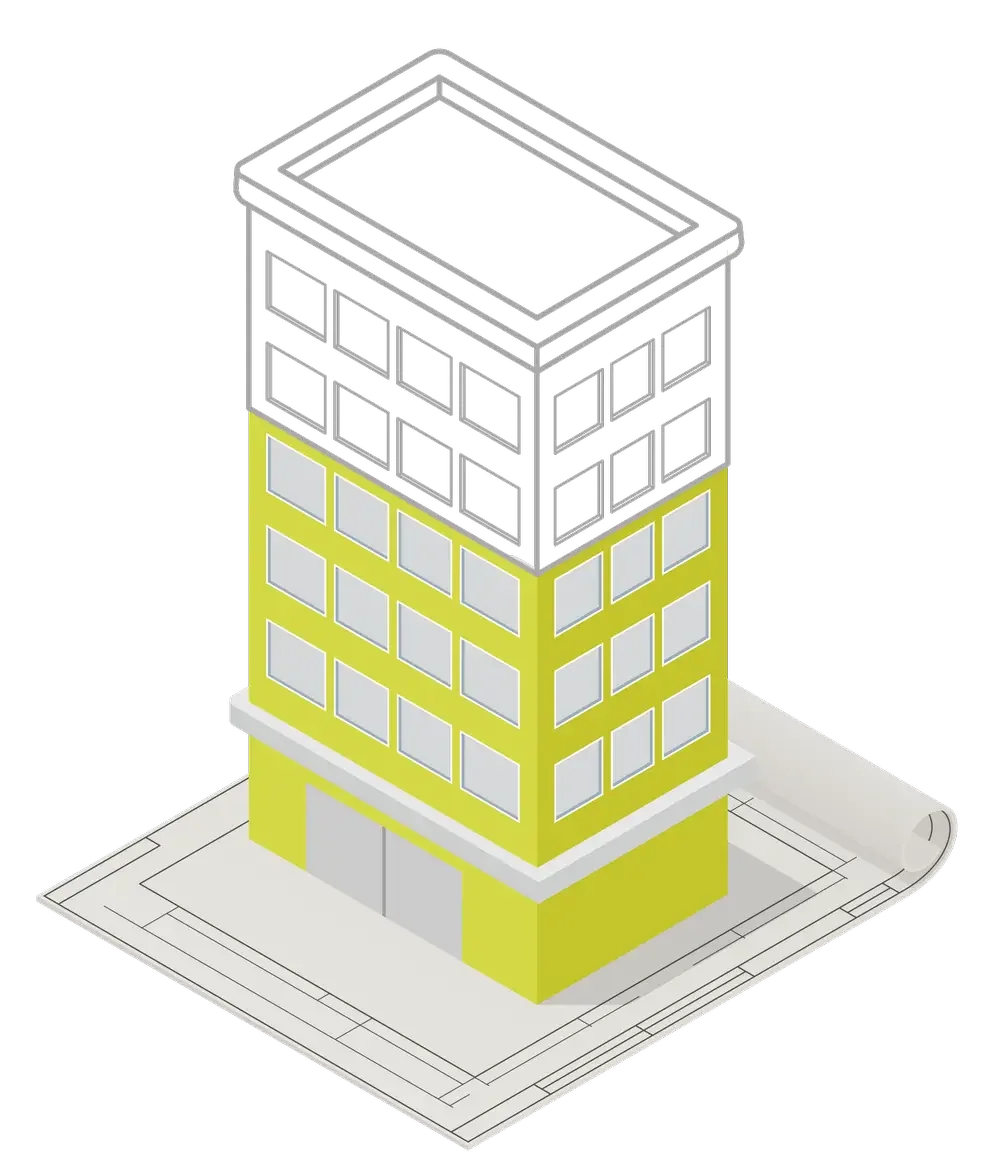 Illustration of a building under development on blueprint paper, symbolising property operations management.