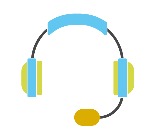 Illustration of a headset with a microphone, featuring green ear cups and a blue headband.