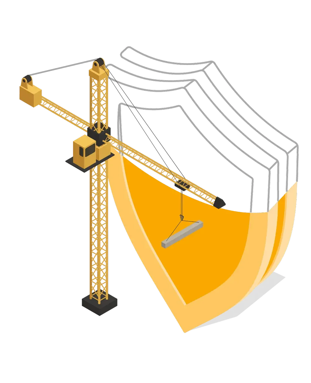 Illustration of a construction crane building a shield, representing finance and compliance support