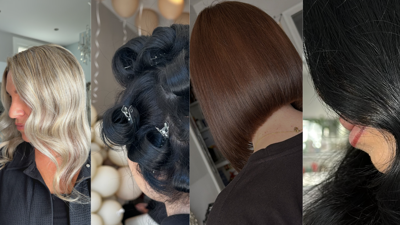 Four women with different hairstyles: blonde loose waves, black curled hair with clips, straight bob with brown hair, and black hair with side parting