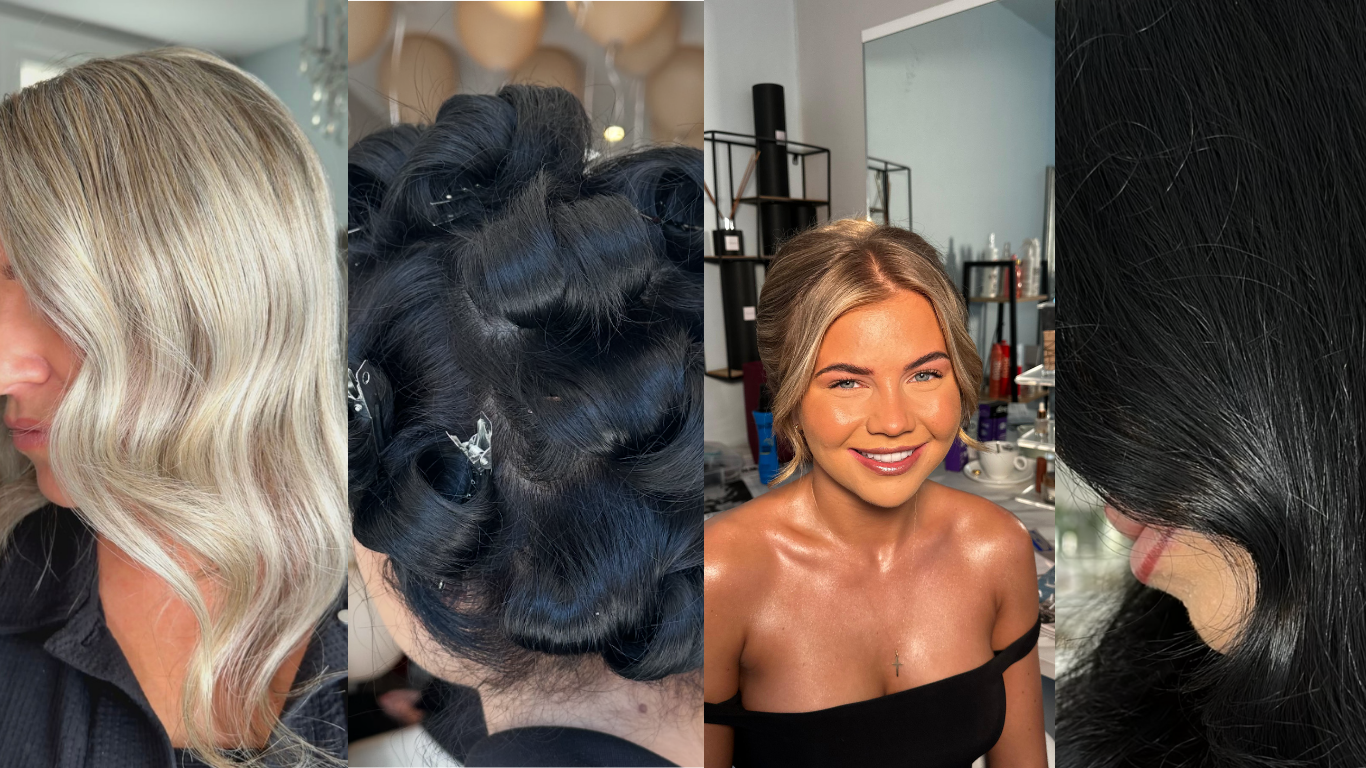A collage of four images showing different hairstyling and hair color. The first image features blonde hair with soft waves. The second image shows dark hair styled in vintage curls secured with clips. The third image is of a smiling woman with wet, shiny, tan skin and her hair pulled back, in a salon setting. The fourth image depicts a close-up of glossy, straight black hair.