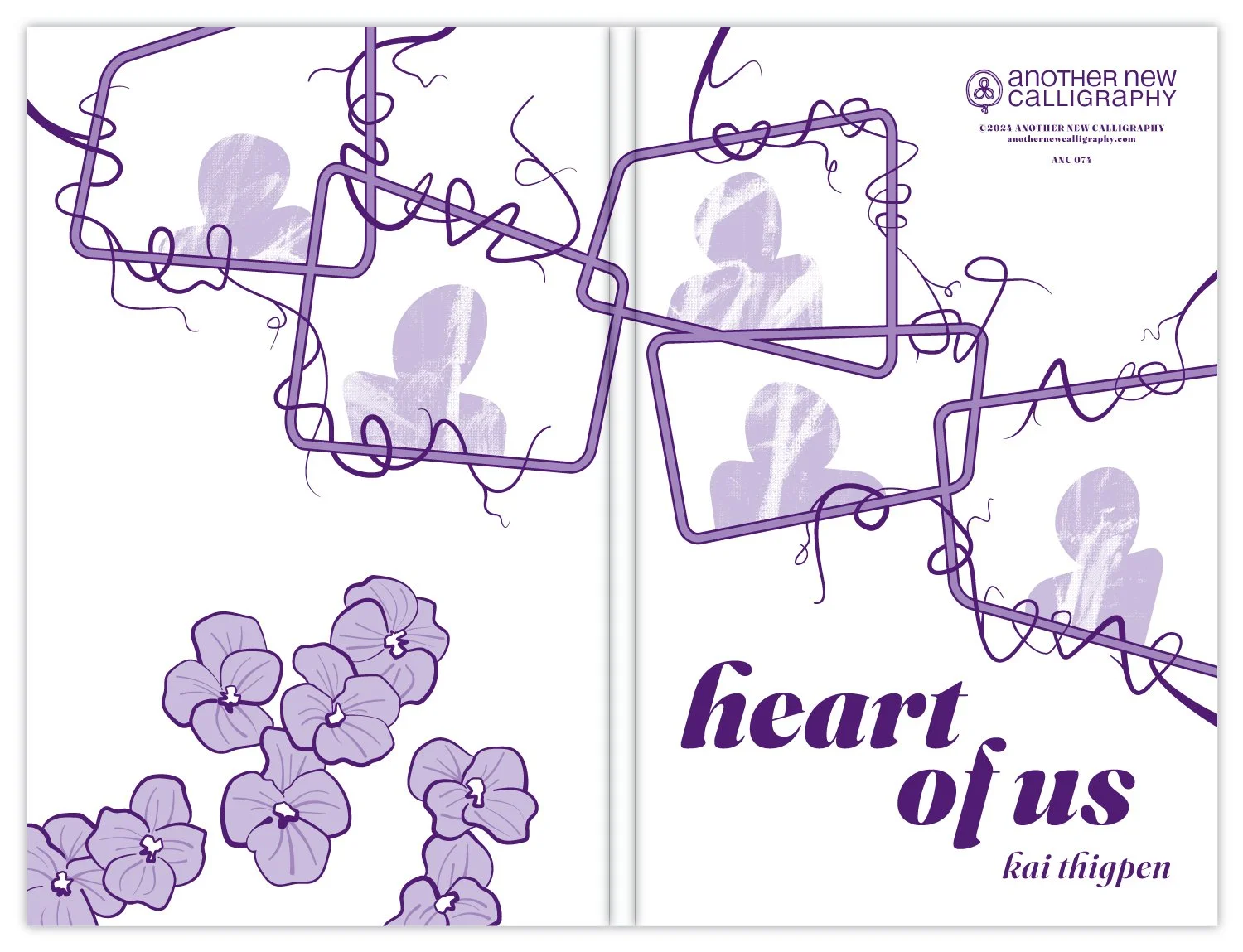 The cover of a poetry book, heart of us, by Kai Thigpen. The cover has purple flowers and five purple silhouettes in purple rectangles.