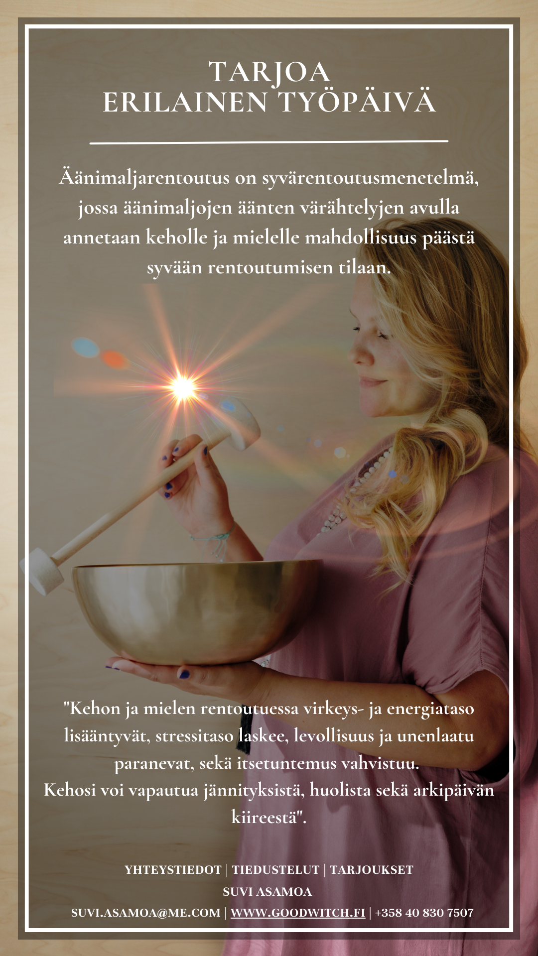 Reklamikuva, joka esittelee erilaisen työpäivän tarjouksen, sisältää naisen, joka pitää maljasta kiinni ja heiluttaa sauvaa, jonka päässä on kirkas valo. Taustan väritys on pehmeä.