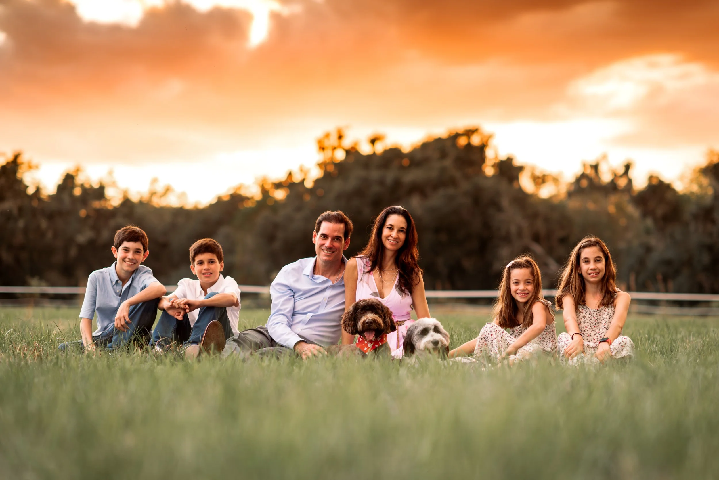Family of six with two dogs sitting together in a field at sunset, Lithia FL