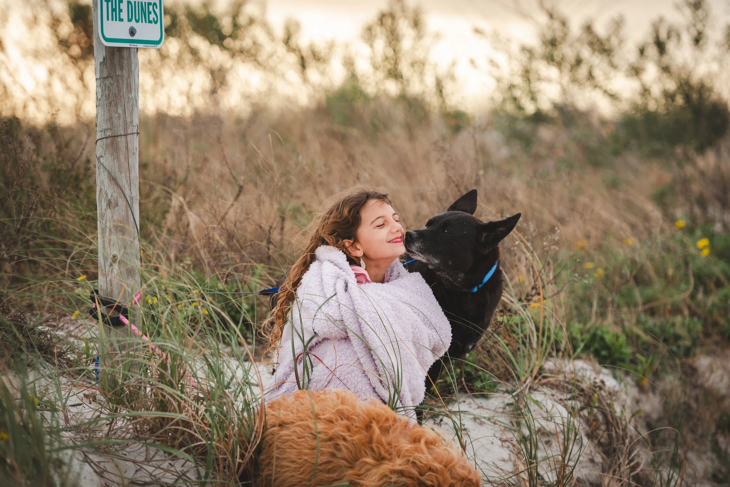 Young girl wrapped in a blanket nose-to-nose with a senior black dog at Apollo Beach Nature Preserve, golden hour