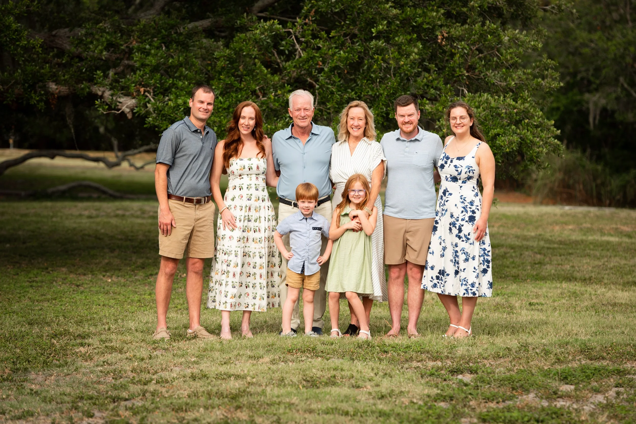 Three-generation family portrait under oak trees at Hammock Park, Dunedin FL