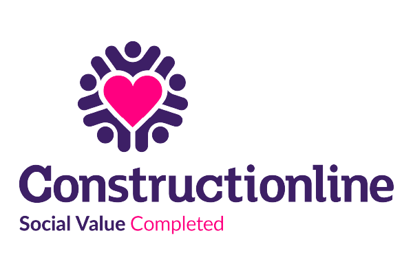 Logo with a pink heart surrounded by purple abstract figures, with the text 'Constructionline' and the tagline 'Social Value Completed' beneath it.