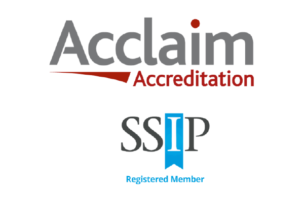 Image displaying the logos of Acclaim Accreditation and SSP, with the SSP logo indicating a registered member.