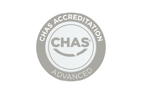 CHAS accreditation badge with a smiling face and the words 'Chas Accreditation' and 'Advanced' surrounding it.