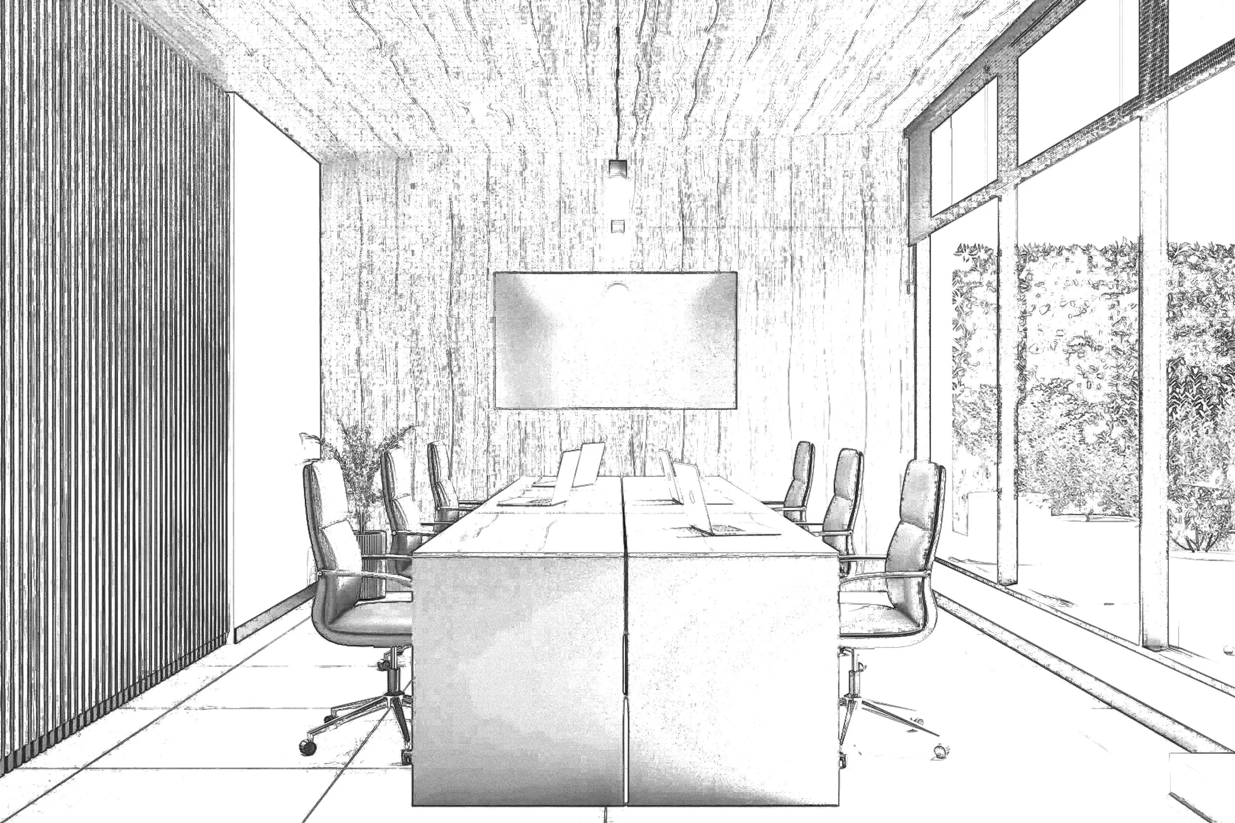 Sketch of a modern conference room with a long table, six office chairs, a large wall-mounted screen, large windows with a view of greenery, and minimalistic decor.