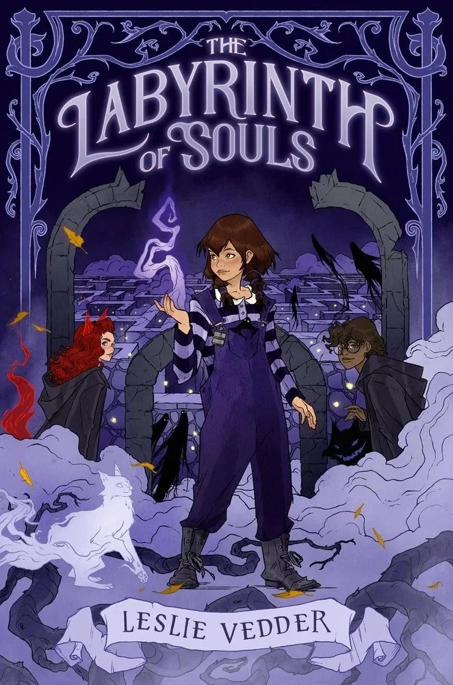 A cover image of "Labyrinth of Souls," featuring a purple background and a brown-haired girl wearing purple overalls, with two other children in the background