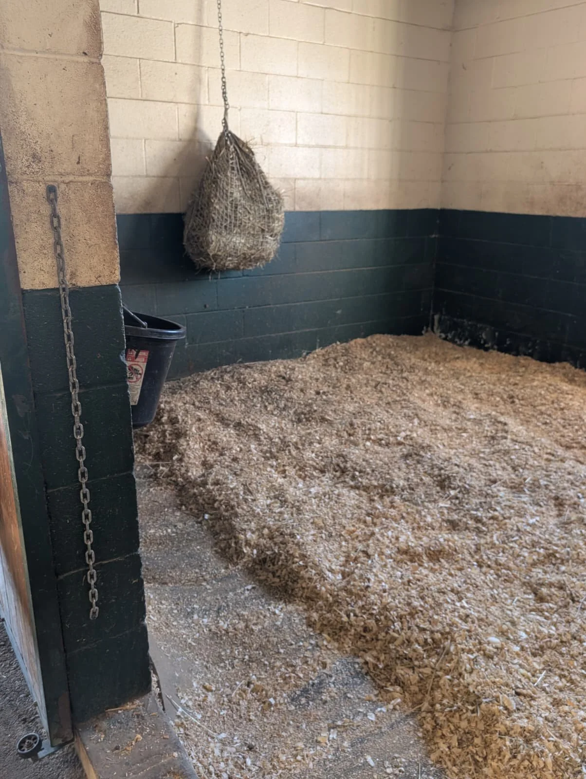 A horse's stall with a hanging hay bag, a bucket, and a chain, with reinforced black and white brick walls.