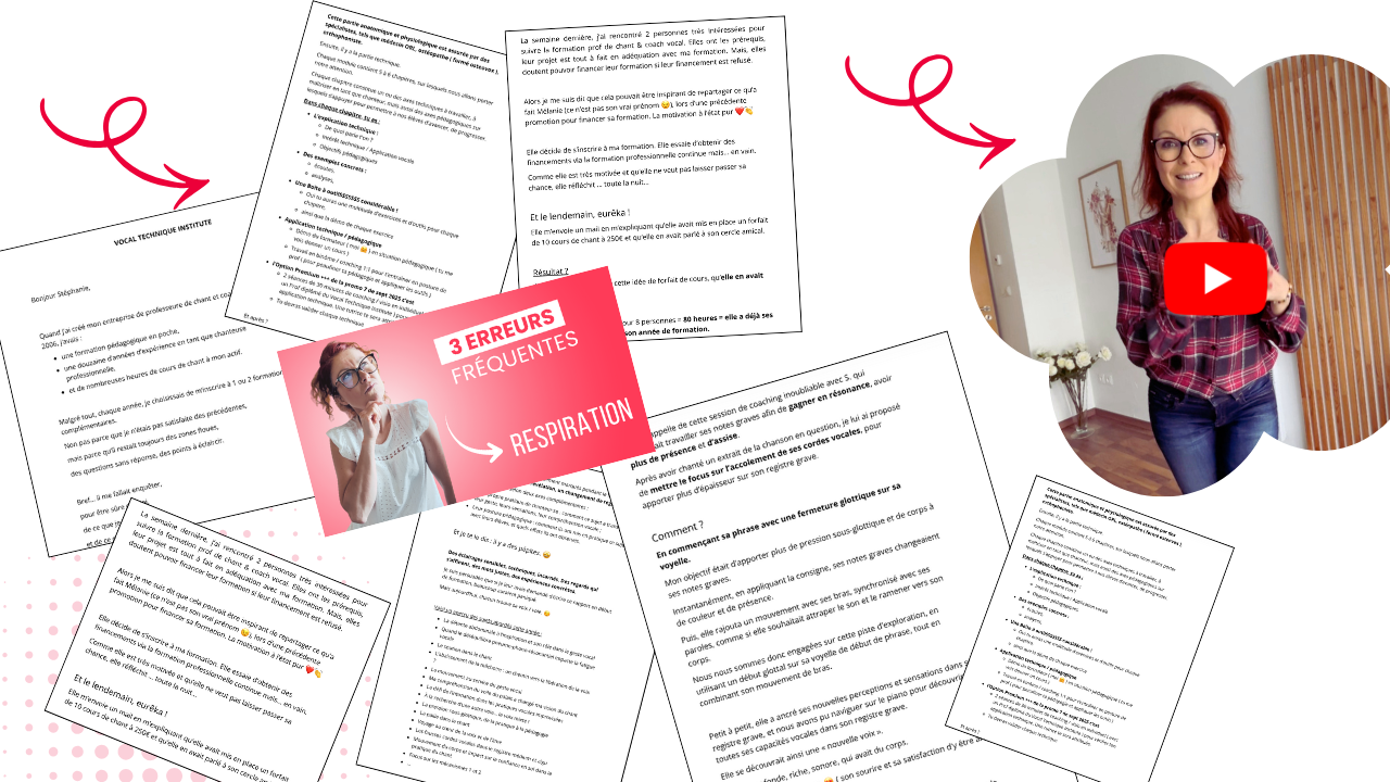 Image présentant plusieurs documents, une photo d'une femme avec une cassette, une autre photo d'une femme avec un symbole YouTube, et une affiche avec le texte "3 ERREURS FRÉQUENTES RESPIRATION".