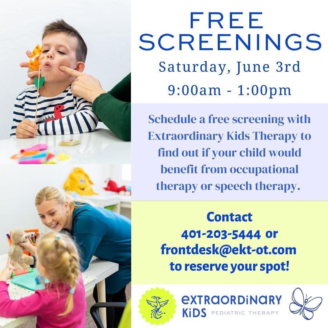 On Saturday, June 3rd from 9:00am-1:00pm we will be welcoming new friends into our extraordinary space for FREE occupational therapy and speech therapy screenings! Parents can share their concerns and ask questions to our therapy staff about their ch