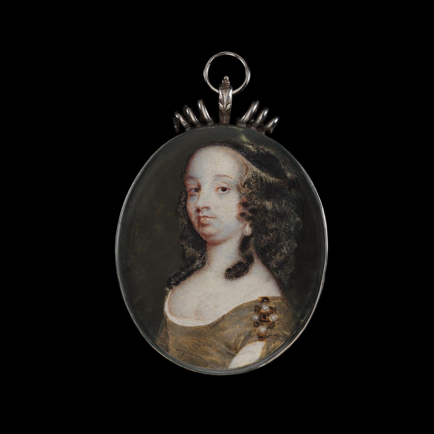 Now on our website, this particular (and rather unflattering) portrait miniature by Richard Gibson (1615-1690) has yet to be identified but can be dated between 1655-60 based on stylistic comparisons. An almost identical version was last sold at Bonh