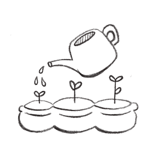 A hand-drawn illustration of a watering can pouring water onto small plants growing in soil