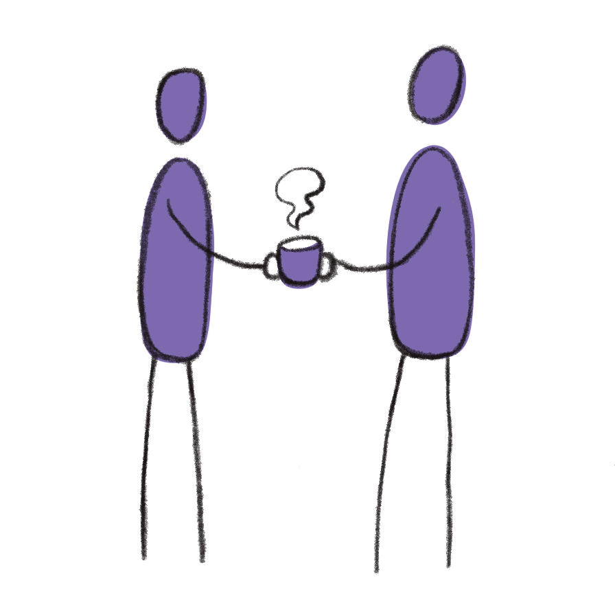 Two stick figures with purple bodies exchanging a steaming mug.