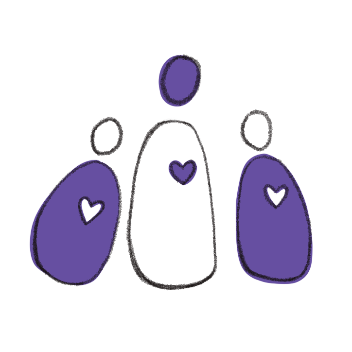 Simple drawing of three abstract figures with purple hearts on bodies and purple heads, outlined in black.