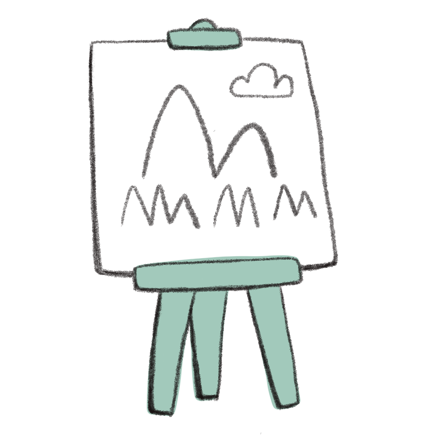 Drawing of an easel with a blackboard showing mountain and cloud sketches.