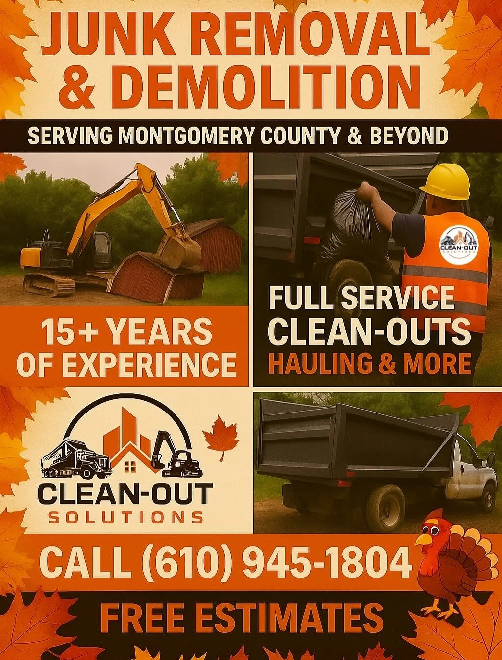 Hosting this year? 🦃✨
Let us remove the junk, clean out your space, and take down any old structures in the way.
Fast, reliable clean-outs &amp; demolition &mdash; ready before Thanksgiving.
Limited spots available &mdash; book soon!
Fast ⚡ Reliable