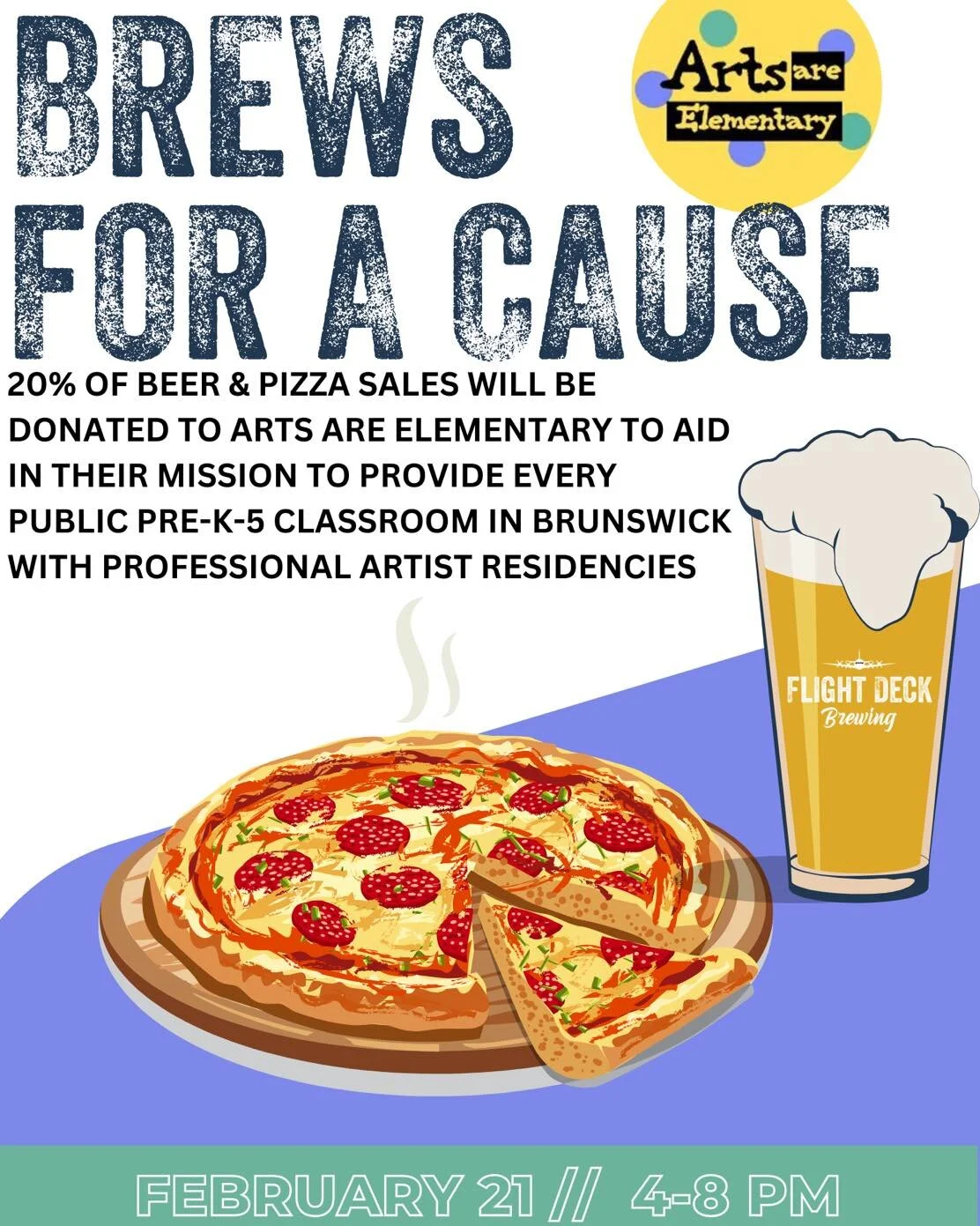 Looking a head to our February Brews for a Cause🍕🍻

We&rsquo;re exciting to welcome Arts Are Elementary, a non profit organization that works in partnership with local schools to provide every public pre-k-5 classroom in Brunswick with professional
