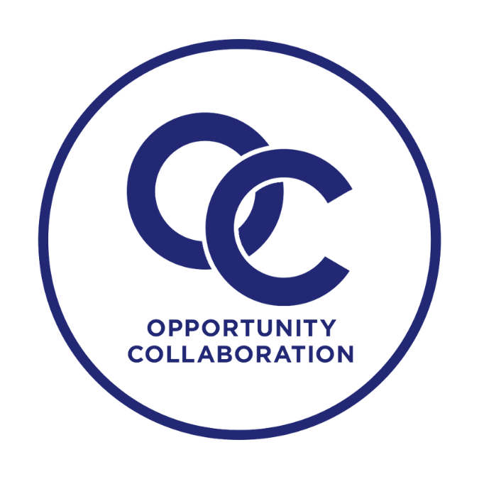 A logo with two interlinked lowercase C's in blue, encircled, with the words "Opportunity Collaboration" below in blue.