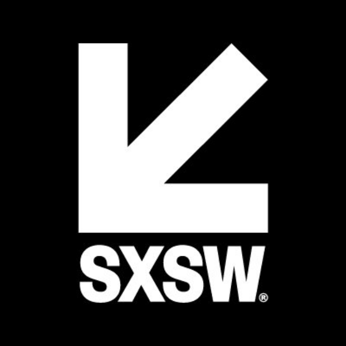 Black background with a large white stylized arrow pointing right and the acronym 'SXSW' in bold white letters underneath.