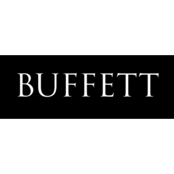 Black background with the word "BUFFETT" in white capital letters.