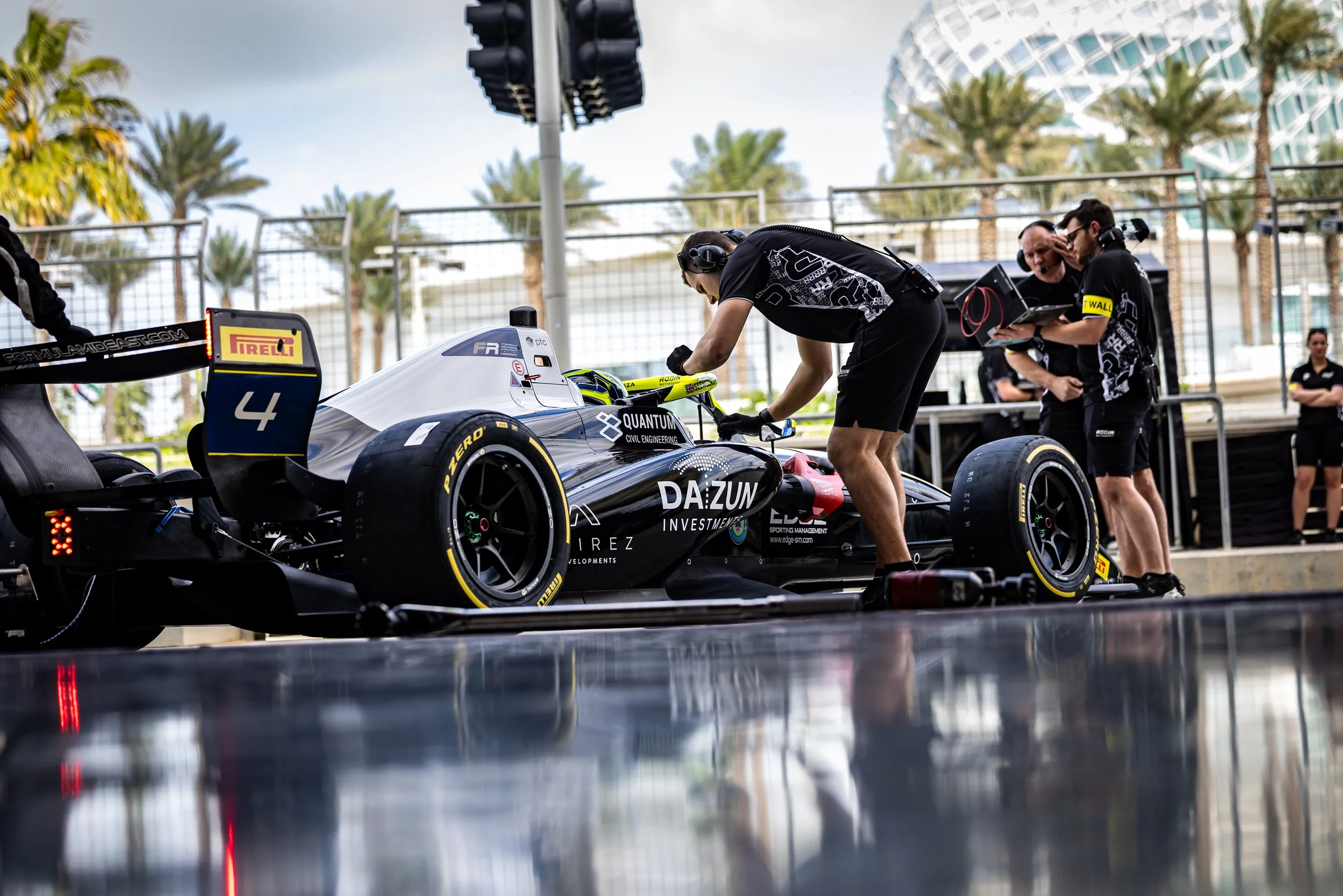 Reza Seewooruthun leaving a Yas Marina garage in the new Formula Regional Tatuus t-326 chassis
