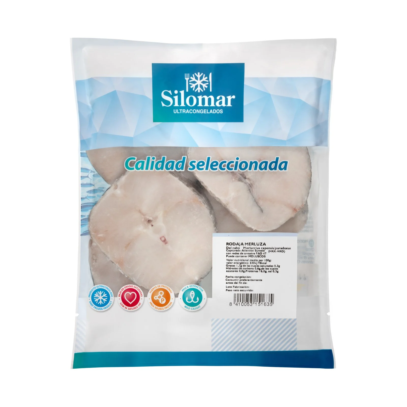 Rodajas de merluza Silomar embolsado, fotografía de producto congelado para catálogo y promoción.