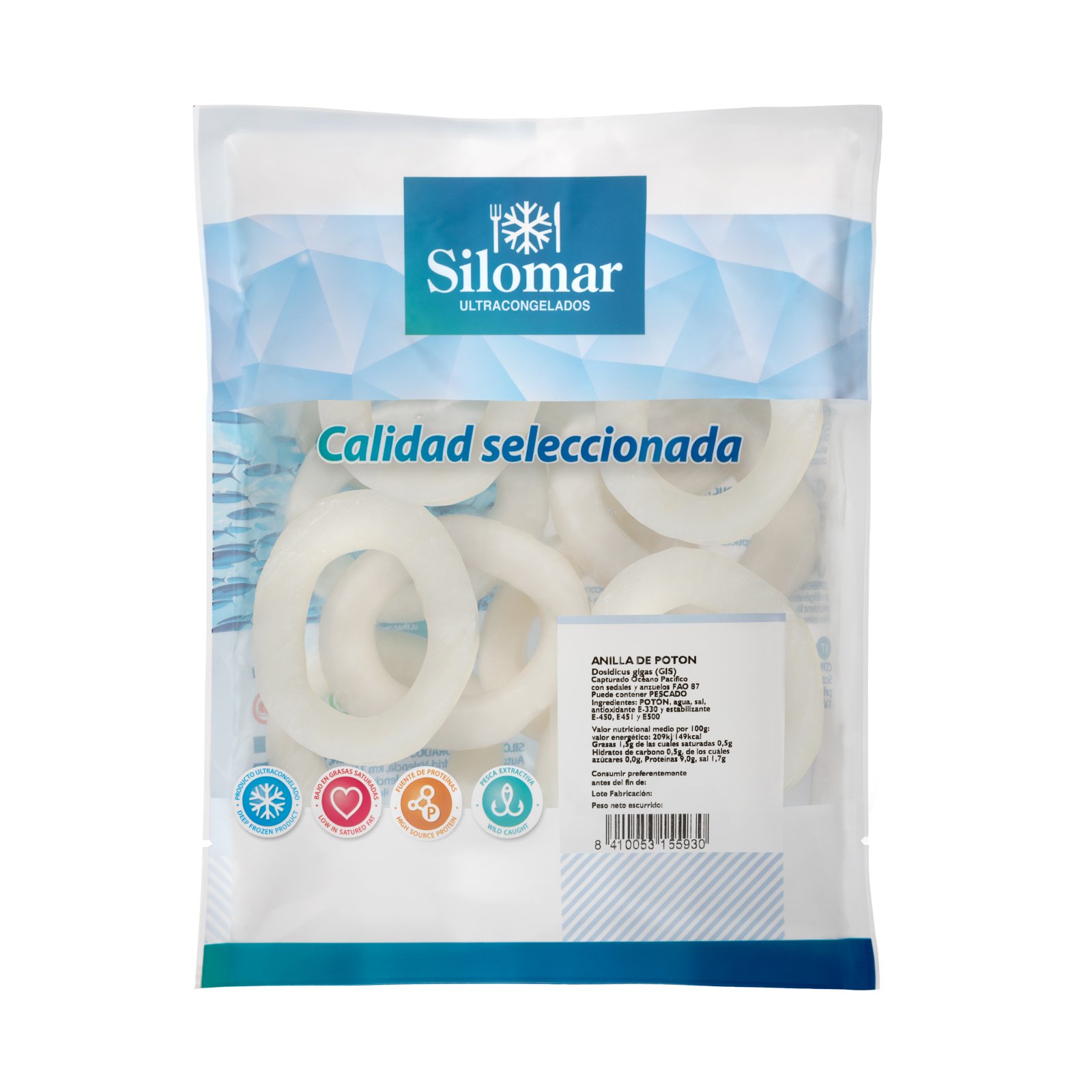 Anillas de calamar Silomar embolsadas, fotografía de packaging de producto del mar (formato de entrega real).
