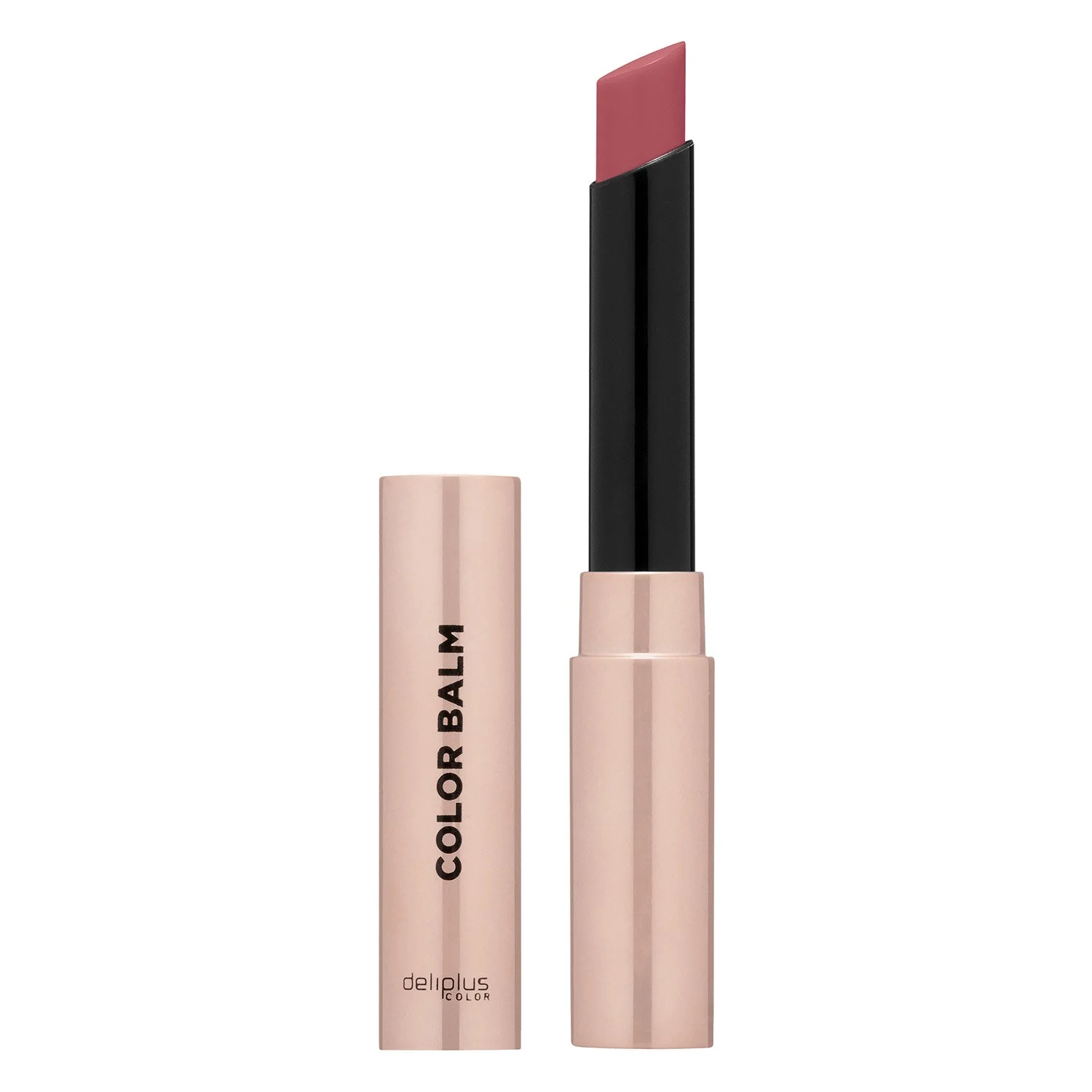 Barra de labios rosa sobre fondo blanco