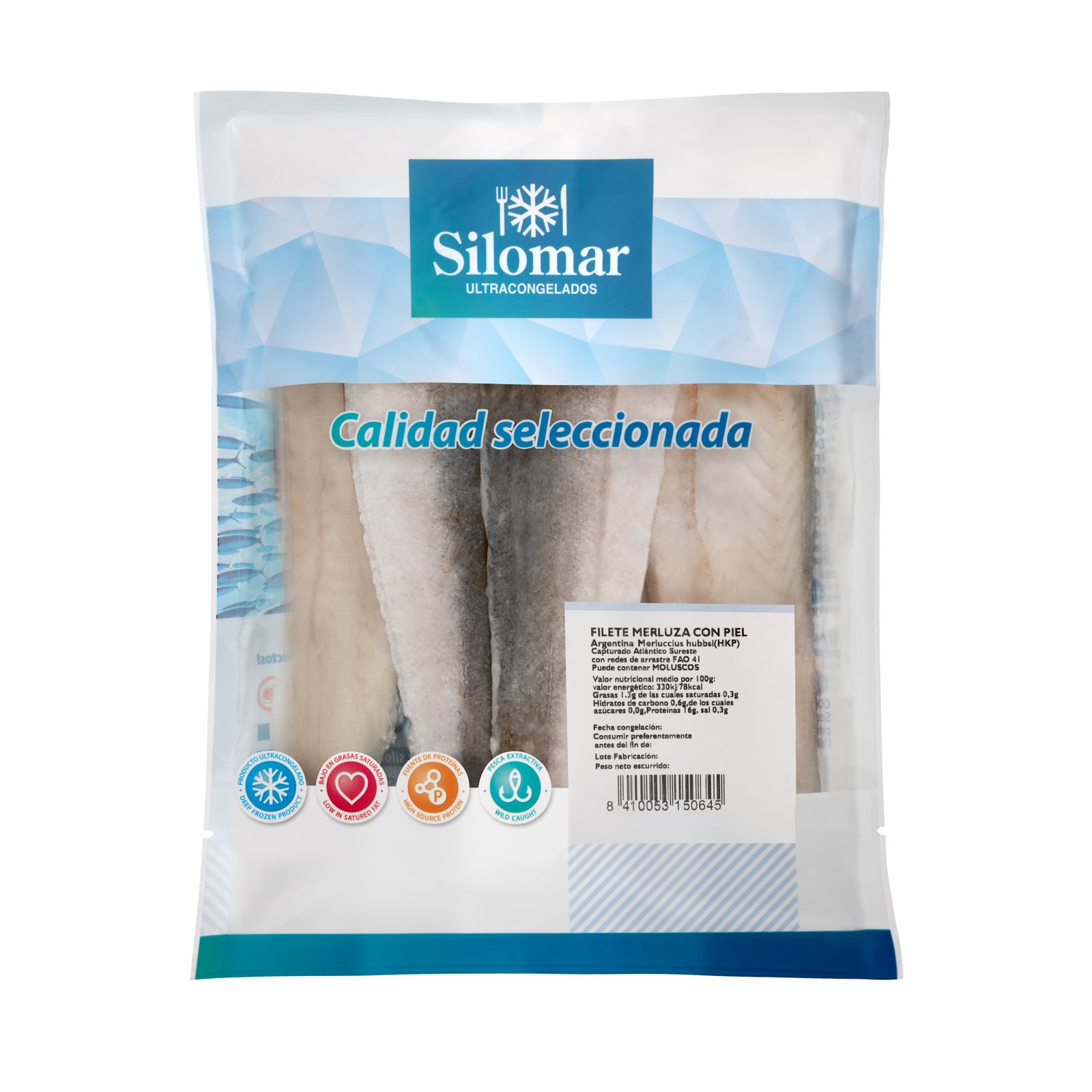 Filete de merluza con piel Silomar en bolsa, fotografía de packaging para ficha de producto.