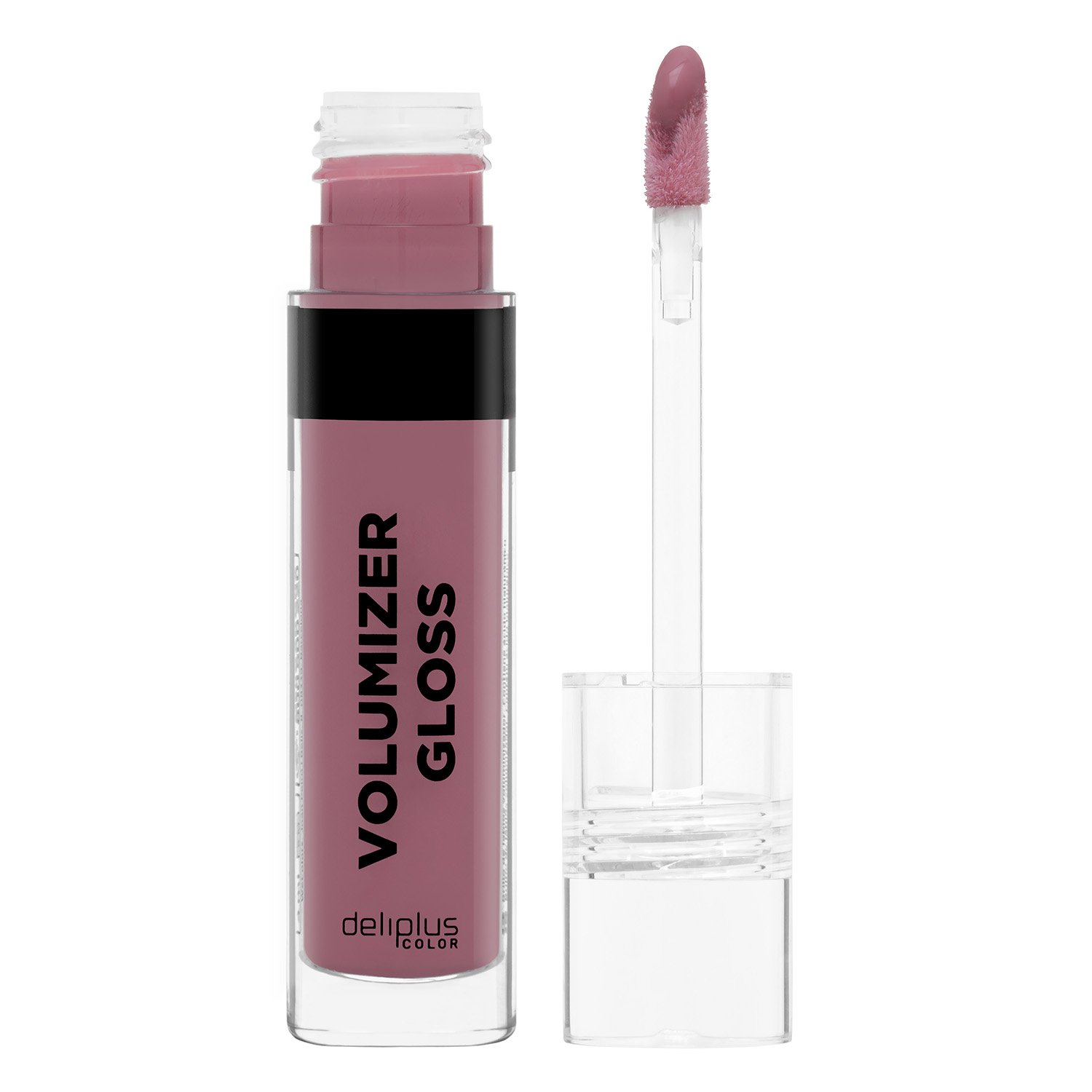 Brillo de labios nude rosa sobre fondo blanco