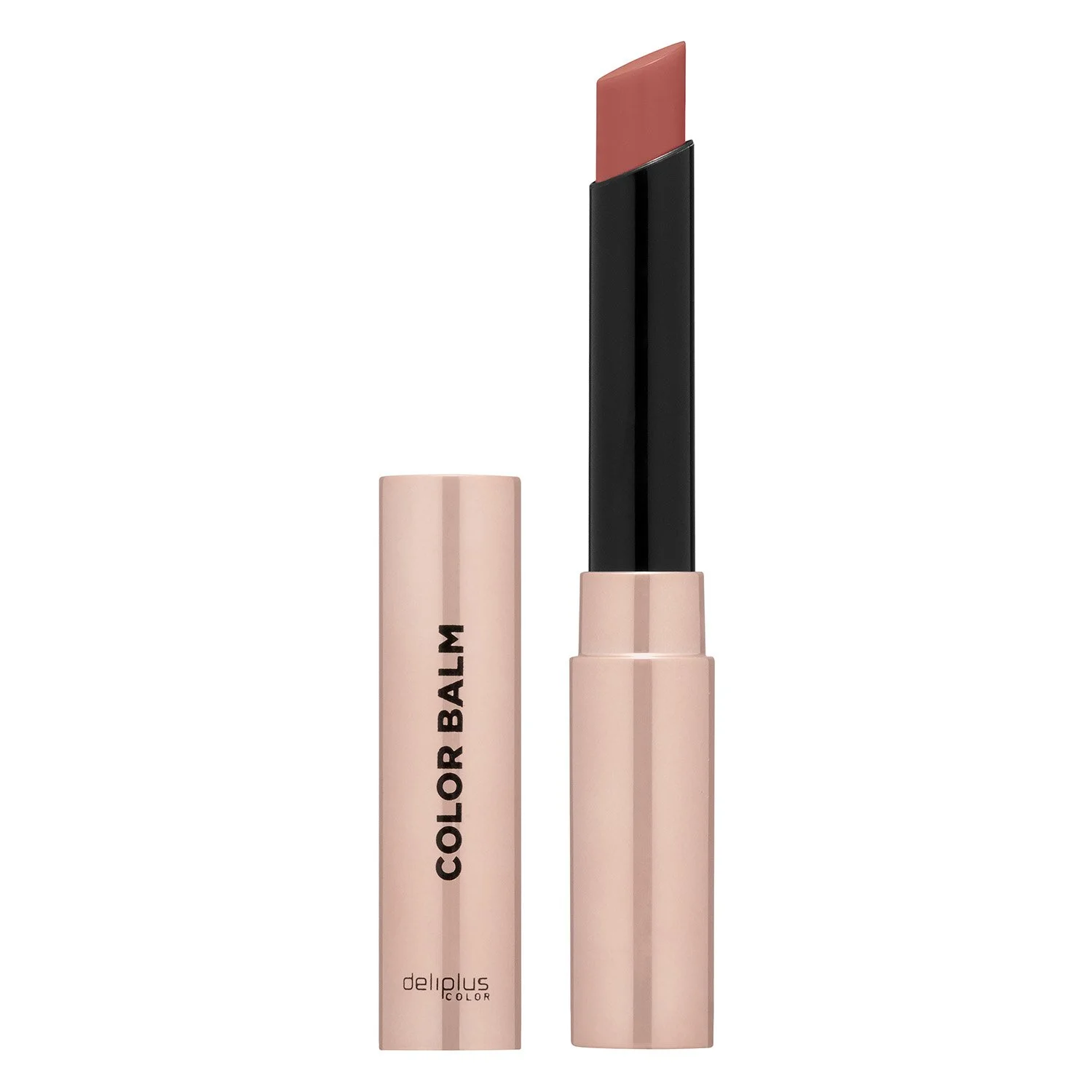 Barra de labios nude beige sobre fondo blanco